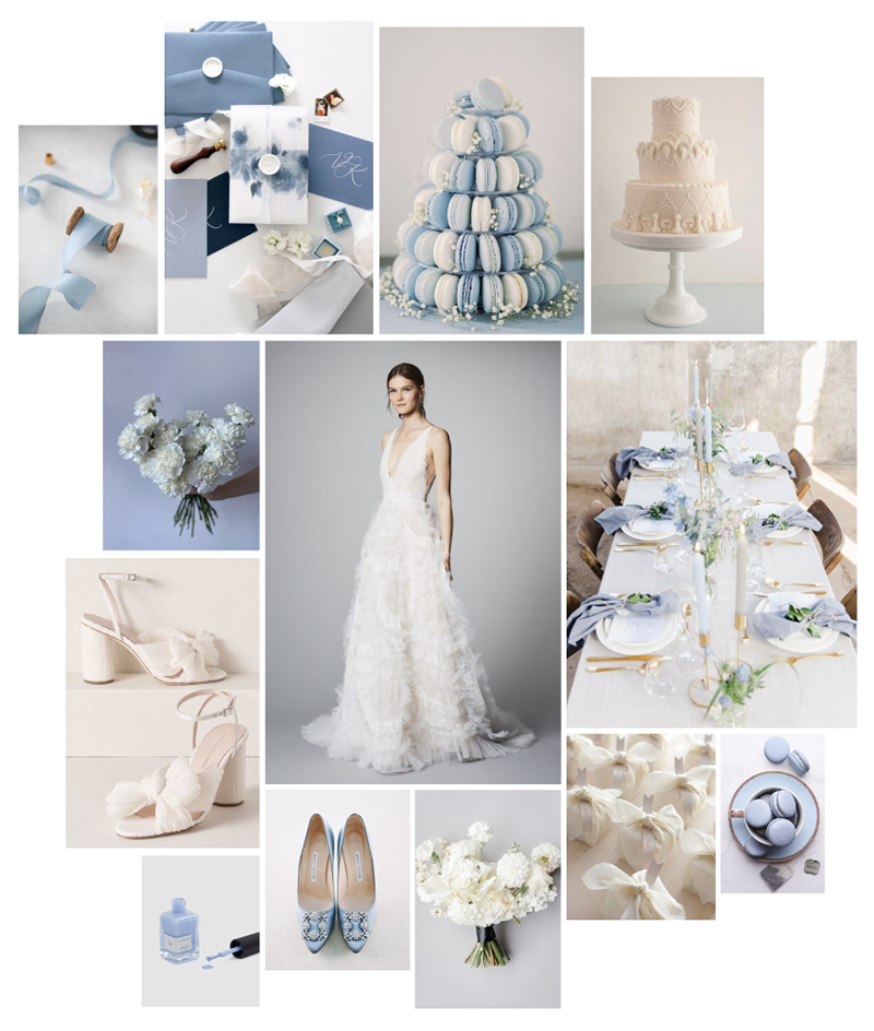 Moodboard de inspiração para casamento em tons de azul, por Prometo Amar-te Wedding Designers